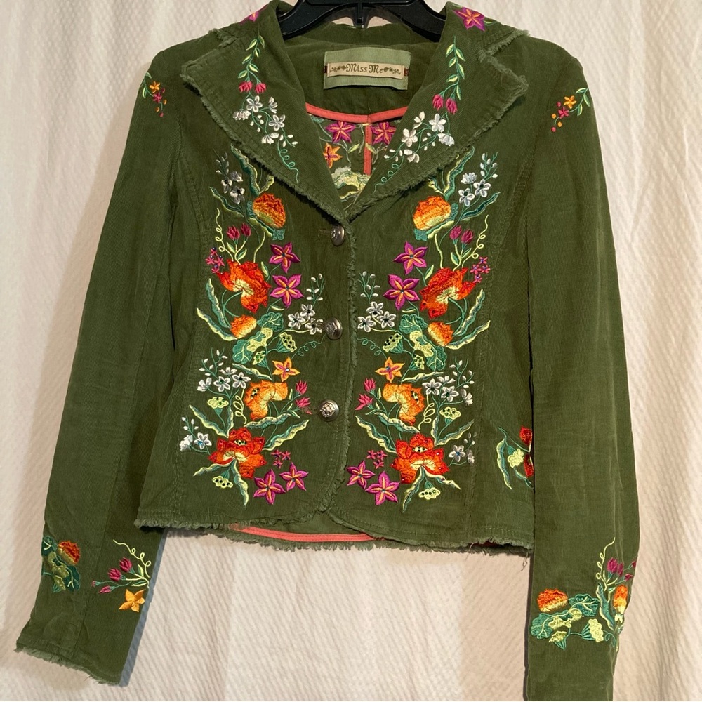 Miss Me Olive Green Floral Embroidered Blazer Boho Corduroy Jacket